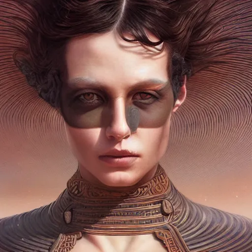 Prompt: a stunning hyperrealistic character from the movie Dune walking through an arid minimalistic desert with harsh noon sunlight, award-winning, masterpiece, in the style of Tom Bagshaw, Cedric Peyravernay, Peter Mohrbacher