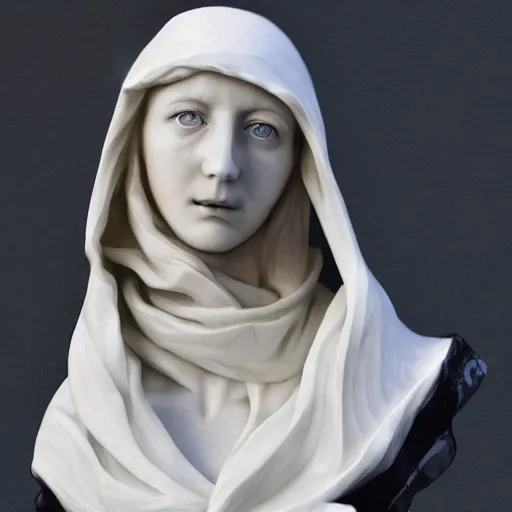 Image similar to a masterpiece marble sculpture of the hooded virgin, !cracks, !dramatic !face, !female, covered in intricate !detailed !!streaked veil , physically based rendering, ultra photo realistic, cinematic lighting , dark background by Dan Hillier