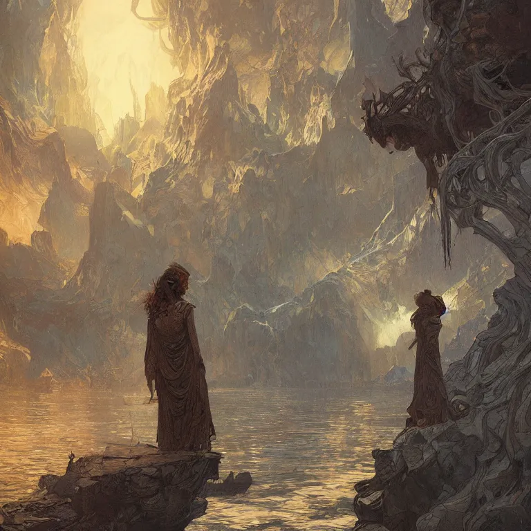 Image similar to a beautiful painting of the view from the river of the caverns measureless to man down to a sunless sea, at night with a sky full of stars, intricate, elegant, highly detailed, digital painting, artstation, concept art, by krenz cushart and artem demura and alphonse mucha