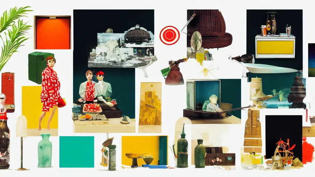 Image similar to an arrangement of gourmet traveller props, japan, a collage painting, in the style of wes anderson, lola dupre, david hockney, isolated on negative white space background dark monochrome neon spraypaint accents volumetric octane render