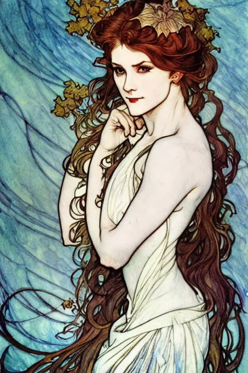 Image similar to in the style of artgerm, arthur rackham, alphonse mucha, evan rachel wood, symmetrical eyes, symmetrical face, flowing white dress