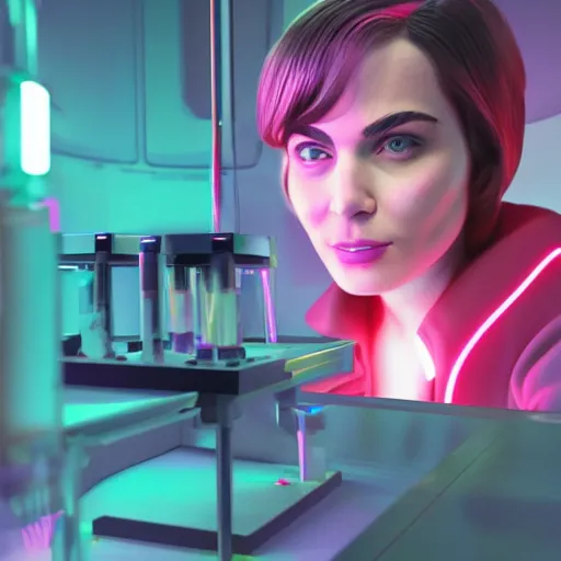 Prompt: [ amelie as a scientist ]! working in a [ futuristic laboratory ]!, digital art!, trending on [ cgsociety ]!, cinematic still, neon! colors, bioluminescent lighting!, award winning, zbrush!, bottom view!