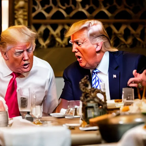 Image similar to Trump and Biden having dinner at a fancy Balinese restaurant, award winning photography, 85mm, perfect faces