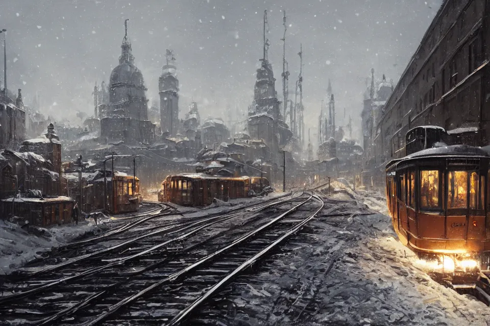 Image similar to highly detailed painting of dieselpunk stockholm, winter, snow, tram on rail tracks, dystopia, by greg rutkowski, by raphael lacoste, 4 k resolution, trending on artstation
