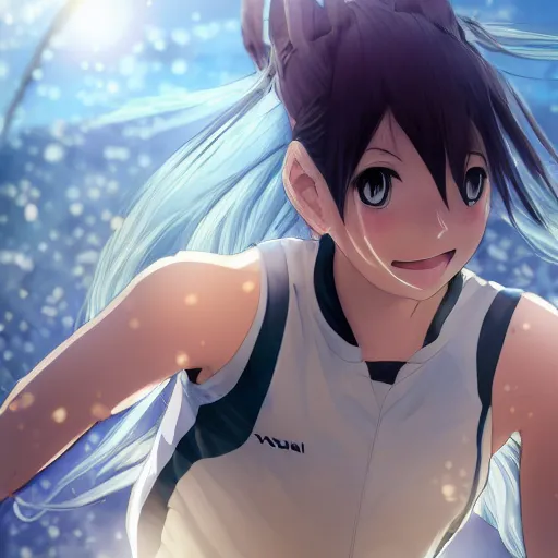 Image similar to a girl is running, sport clothing, anime style, short hair, hair down, symmetrical facial features, smiling mouth, from yowamushi pedal, hyper realistic, rule of thirds, extreme detail, detailed 4 k drawing, trending pixiv, realistic lighting, by alphonse mucha, greg rutkowski, sharp focus, backlit, high budget show