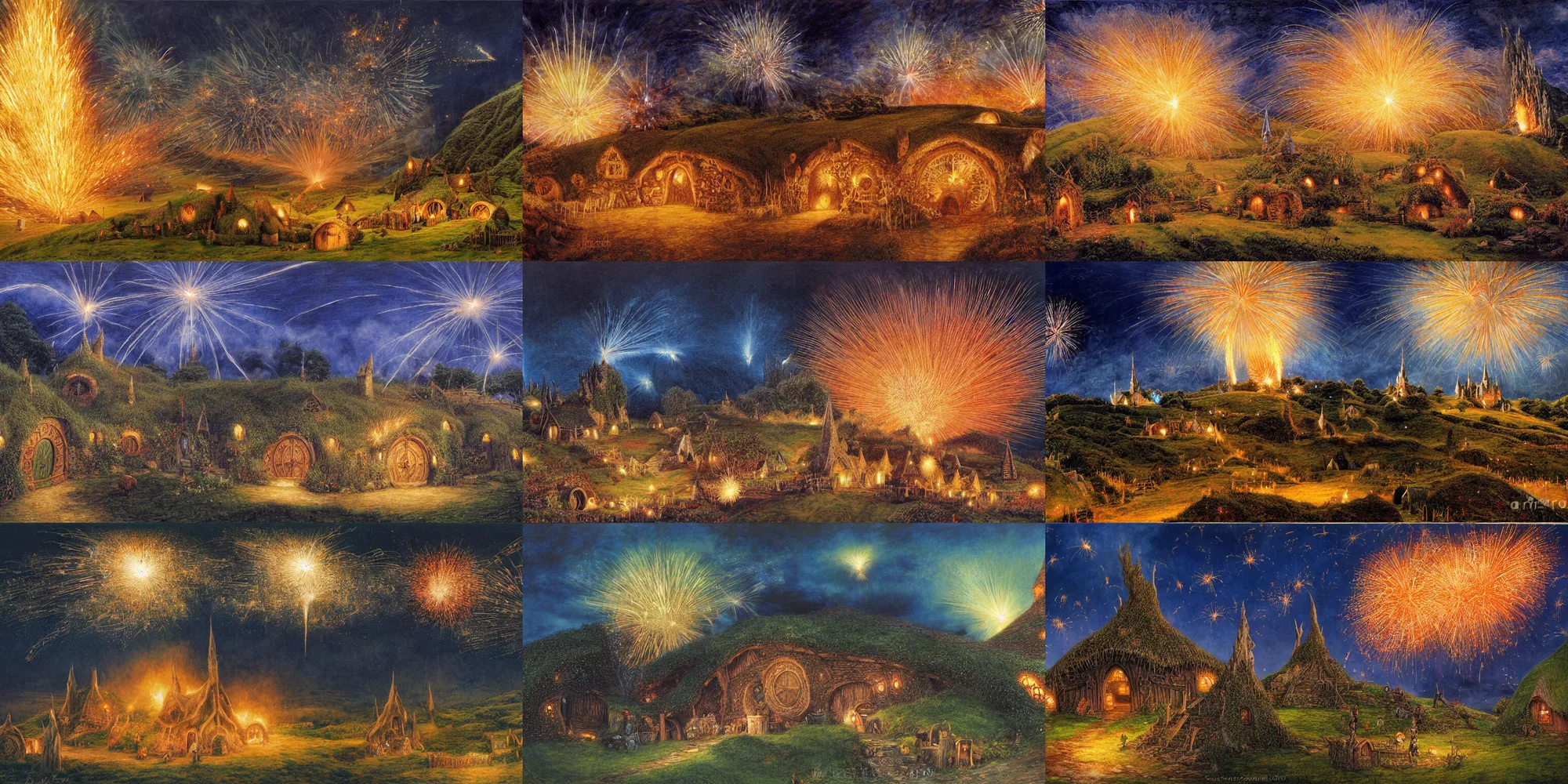 Prompt: hobbiton at night, a firework explodes in the sky above bag end and the party tree, by alan lee, intricate, firework smoke trails, lord of the rings calendar, oil painting.