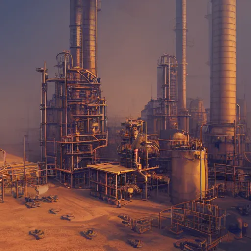 Image similar to a steampunk oil refinery in the desert that is on fire, shrouded in fog, highly detailed, 8k, sharp focus, trending on artstation