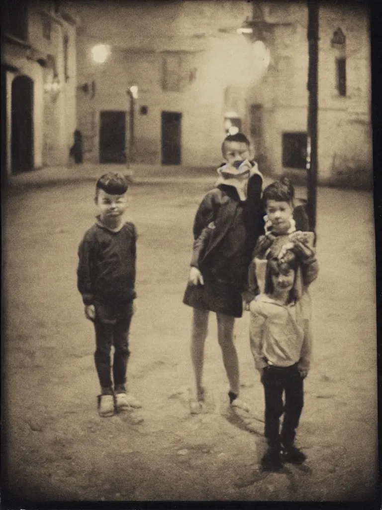 Prompt: a couple of kids posing for a picture at night, dark, backlighting, small village, empty town square, old color polaroid