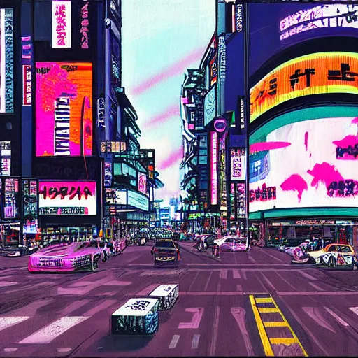 Image similar to synthwave painting of cyberpunk shibuya tokyo,