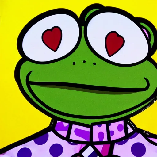 Image similar to kermit the frog in the style of romero britto