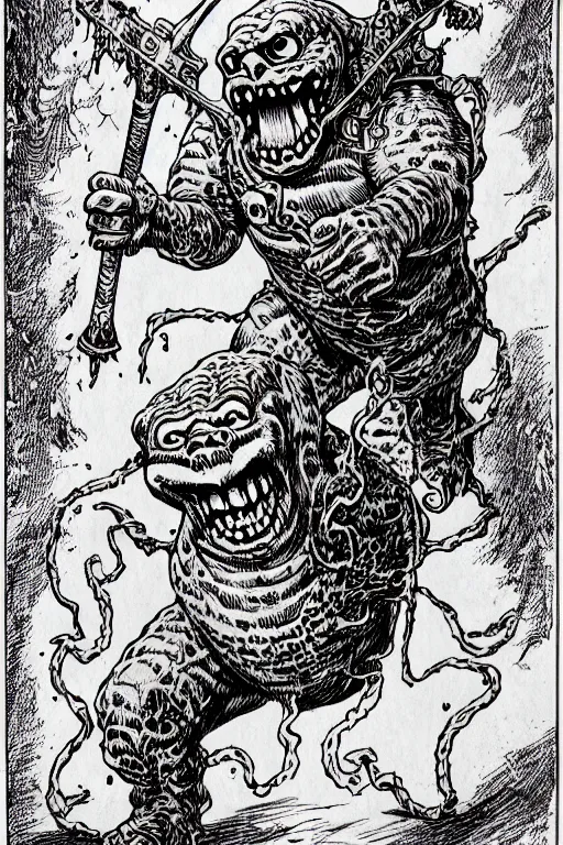 Image similar to slimer ghost as a d & d monster, full body, pen - and - ink illustration, etching, by russ nicholson, david a trampier, larry elmore, 1 9 8 1, hq scan, intricate details, inside stylized border