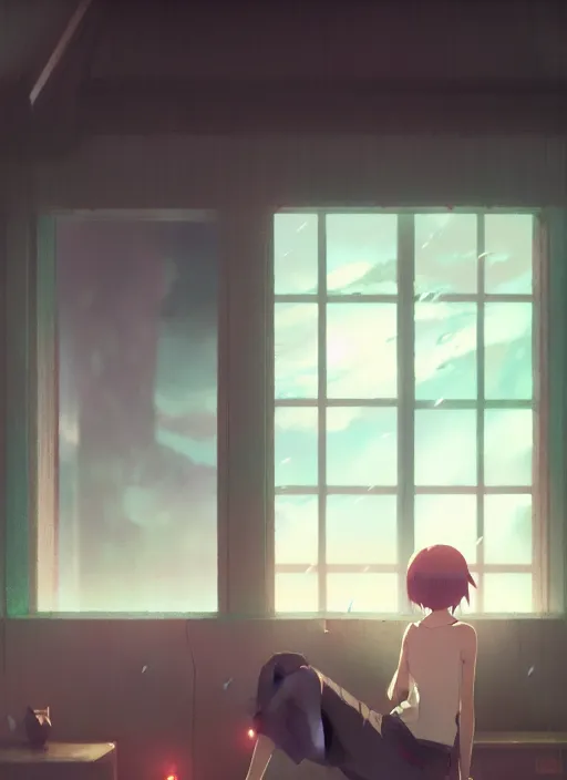 Prompt: interior background : { near the window, rainy outside }, no character, illustration concept art anime key visual trending pixiv fanbox by wlop and greg rutkowski and makoto shinkai and studio ghibli