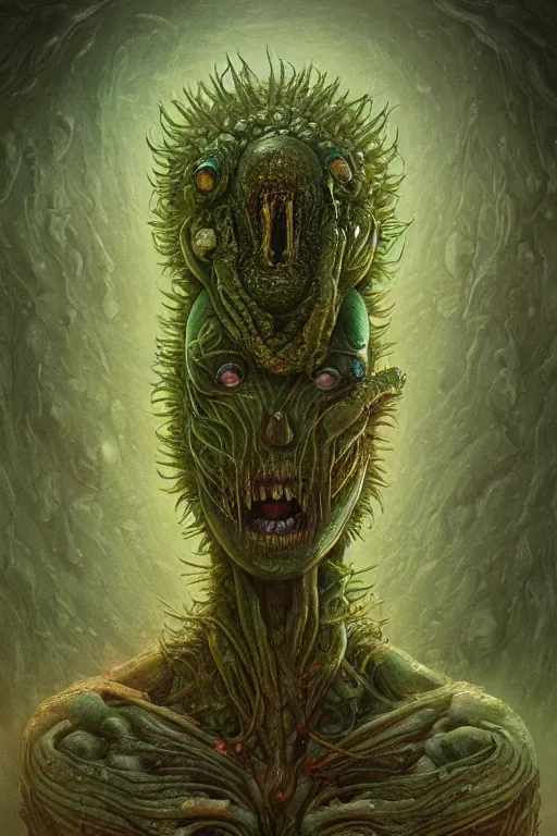 Prompt: very very beautiful longshot photo of chthonic pickle Rick, highly detailed, artstation, concept art, smooth, sharp focus, illustration, art by Ayami Kojima, Beksinski, Giger