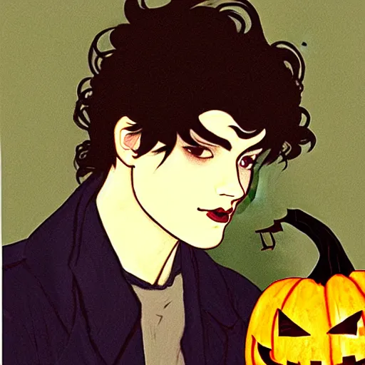 Image similar to painting of young cute handsome beautiful dark medium wavy hair man in his 2 0 s named shadow taehyung at the halloween pumpkin jack o'lantern party, depressed, melancholy, autumn, japan, elegant, clear, painting, stylized, delicate, soft facial features, delicate facial features, soft art, art by alphonse mucha, vincent van gogh, egon schiele