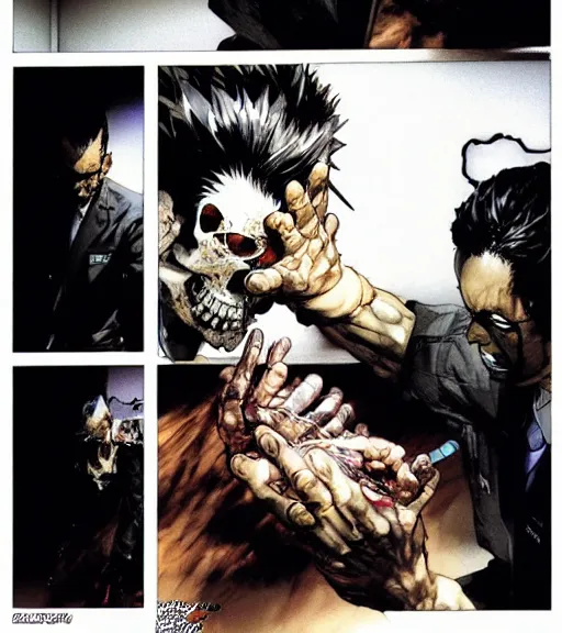 Prompt: an office worker reaches into his exposed skull for a shiny ring, comic book art, by yoji shinkawa and takehiko inoue and kim jung gi, masterpiece, perfect