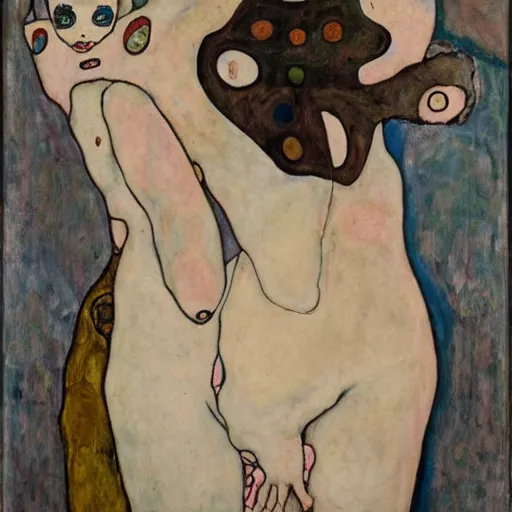 Prompt: an oil painting by egon schiele and Gary baseman