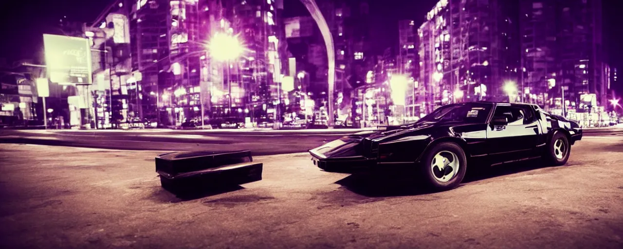 Image similar to 80s black sports knightrider KITT car parked on deserted city street at night time purple lighted street retro-wave vibes grainy soft motion blur