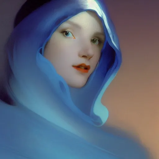 Image similar to young woman's face, her hair is white and she wears a cobalt blue satin cloak, by ivan aivazovsky and syd mead and moebius and gaston bussiere and roger dean and wojciech siudmak and pieter claesz and paul delaroche and alma tadema and aelbert cuyp, hyperrealistic, volumetric light, octane render