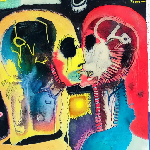 Image similar to watercolor painting of two bizarre psychedelic goth women kissing each other closeup in a space station in japan, speculative evolution, mixed media collage by basquiat and jackson pollock, maximalist magazine collage art, sapphic art, lesbian art, chemically damaged