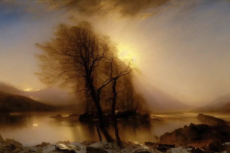 Image similar to a beautiful oil painting of a Scottish Highland winter landscape, evening light, by Albert Bierstadt and jmw turner, beautiful light, detailed, dramatic