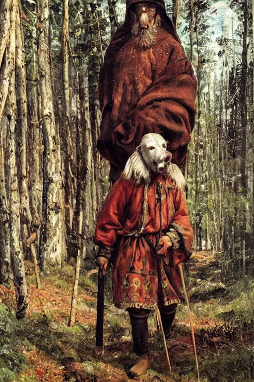Prompt: Slavic dog head man, woolen torso in medieval clothes, walking in the forest, Orthodox Saint Christopher, oil painting, painting by Viktor Vasnetsov, concept art, hyperrealism, beautiful, high resolution, trending on artstation,