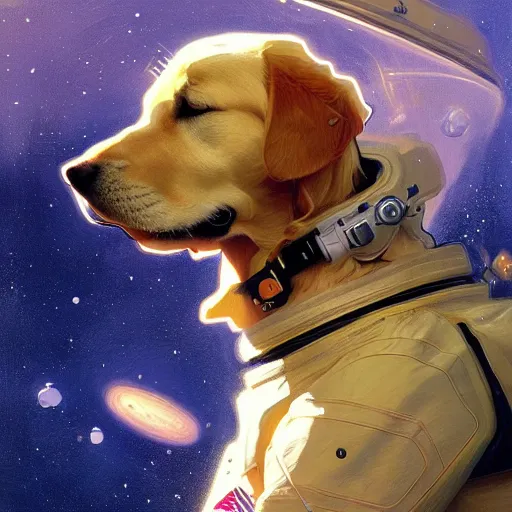 Image similar to a golden retriever in a space suit, highly detailed, digital painting, artstation, concept art, sharp focus, illustration, art by greg rutkowski and alphonse mucha