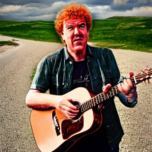 Prompt: Jeremy clarkson as Ed sheeran in middle of nowhere, photorealistic