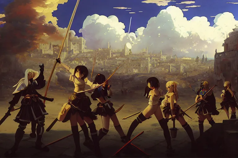 Image similar to baroque oil painting of key visual environment concept art of anime maids fighting a crusade in jerusalem, brutalist, dark fantasy, rule of thirds golden ratio, fake detail, trending pixiv fanbox, acrylic palette knife, style of makoto shinkai studio ghibli genshin impact jamie wyeth james gilleard greg rutkowski chiho aoshima