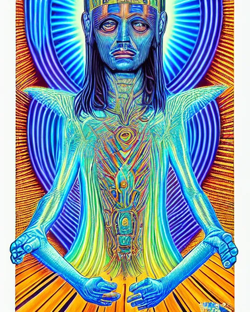 Prompt: blue glowing alien high priest god at the altar by alex grey