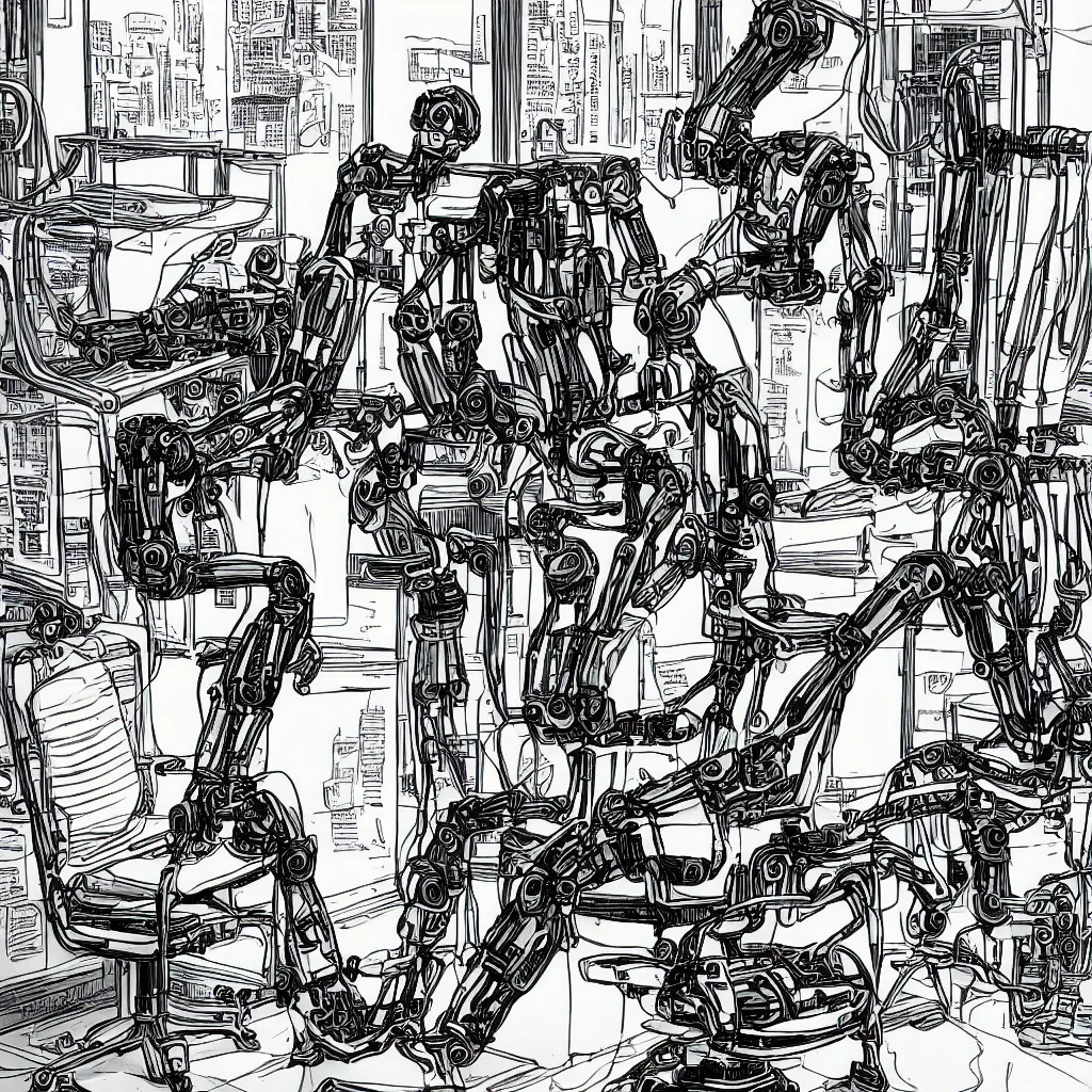 Image similar to a human like mechanical detailed robot sit on a chair while looks to a canary black and white comic book style
