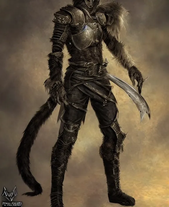 Prompt: humanoid male khajiit rogue, wearing leather armor, mainecoon cat features with black fur, far - mid shot, magic the gathering, fantasy