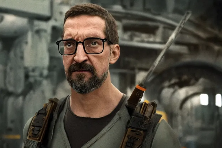 Image similar to vfx movie closeup real life gordon freeman holding wearing futuristic armor, half life logo on chest, crowbar in russian train yard by emmanuel lubezki