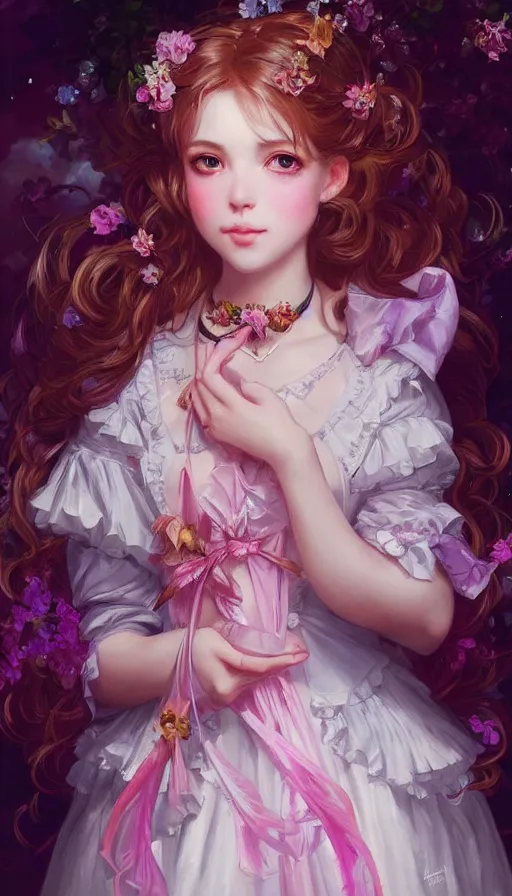 Prompt: portrait of magical lolita girl, dreamy and ethereal, expressive pose, big pink eyes, peaceful expression, ornate frilly dress, fantasy, intricate, elegant, many rainbow bubbles, highly detailed, digital painting, artstation, concept art, smooth, sharp focus, illustration, art by artgerm and greg rutkowski and alphonse mucha