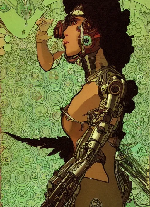 Prompt: portrait of a cyborg warrior girl character sitting on top of a robot dinosaur bird flying in space, epic character with dark skin and beautiful green eyes. the girl has a very beautiful detailed symmetrical face, long black hair. fantasy illustration by mucha