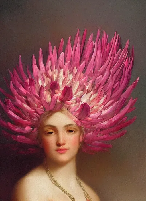 Image similar to stunning mexican godess, detailed pink and white protea head peace against a black backdrop by ivan aivazovsky, wlop, oil painting, beautiful soft lighting, muted colours, artstation