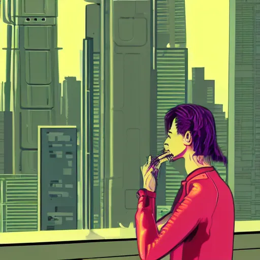 Prompt: A cyberpunk cybernetic synthwave cyborg android smoking weed while staring out at the city below