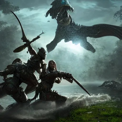 Prompt: Epic picture of an armored female paladin intense fighting a hydra near a jungle pond, hyper realistic, photo realistic, dynamic lighting, HDR, 4k, high detail, volumetric lighting, lens flare