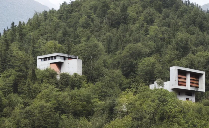 Prompt: charcol brutalist house on a secluded mountain with trees around