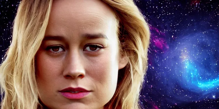 Image similar to film still of very curvy brie larson, focus on facial - detail!!!!!!, walking on a bridge, similar to the bifrost, toward an endless abyss in space, wearing a flowy bikini inspired by ancient roman clothing, beautiful astronomical background with galaxies and nebulas, lack of sunlight, 8 k resolution, cinematic lighting, anatomically correct, by christopher nolan