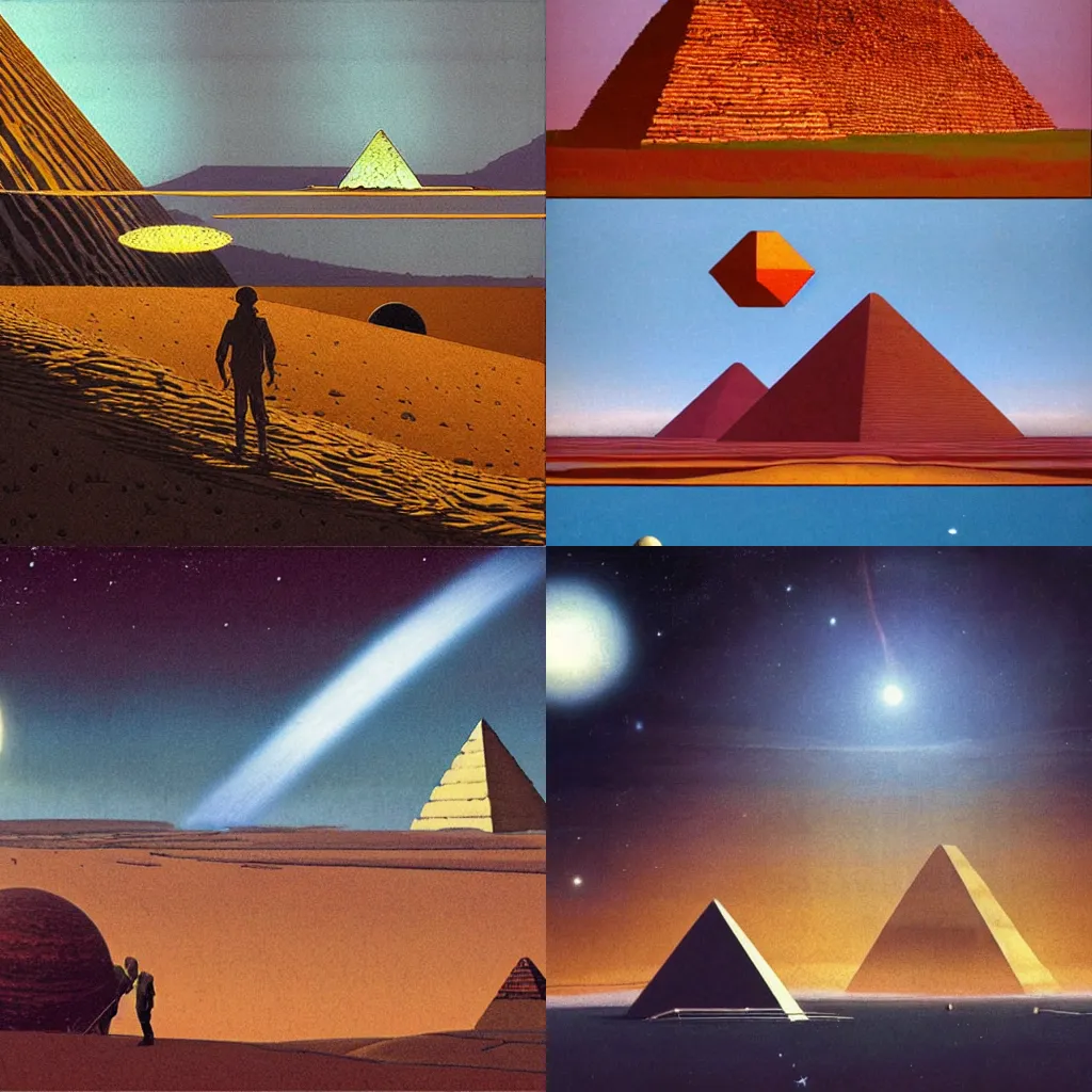 Prompt: english countryside, physics, pyramids, atmospheric, planets, by moebius, by dan mcpharlin,