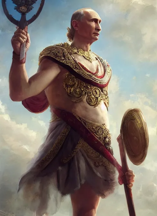 Image similar to vladimir putin as a magnificent beautiful greek god in a crown and short pink balerrina skirt by greg rutkowski