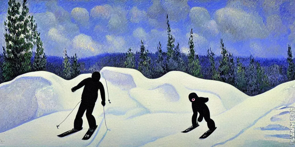 Image similar to pepe the frog snowboarding, gloomy landscape, expressive oil painting by christopher radlund and camille pissaro