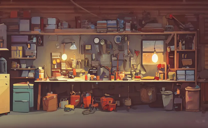 Image similar to village detective in his garage office, workshop, james gilleard, print, game art