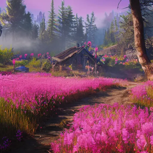 Prompt: a landscape of farcry new dawn pink flowers , photorealistic, trending on artstation