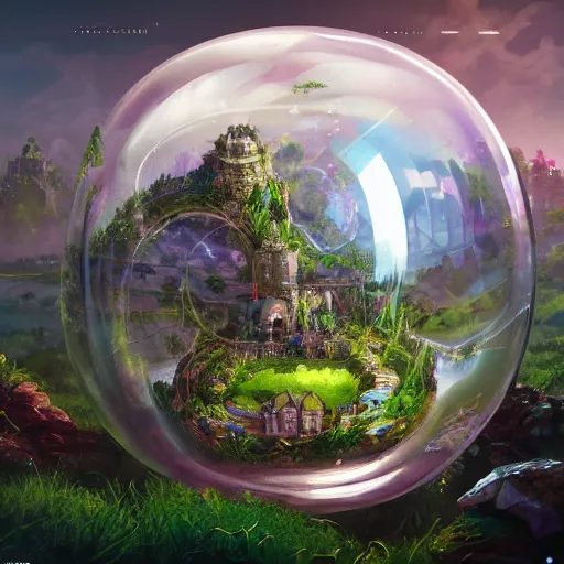 Image similar to a bubble terrarium utopia, with cities galore, dynamic lighting, fantasy concept art, trending on art station, stunning visuals, creative, cinematic, ultra detailed