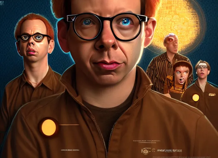 Image similar to young rick moranis with brown hair and a goatee in the fifth element, far future, highly detailed, trending on artstation, intricate, cinematic composition, by rutkowski