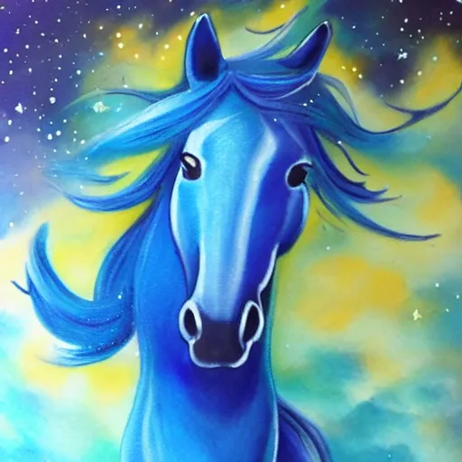 Prompt: a blue horse in space