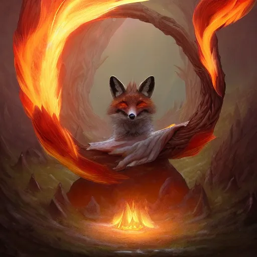 Image similar to anthropomorphic druidic fox in a vortex of flame, 8k resolution matte fantasy painting, cinematic lighting, DeviantArt Artstation, Jason Felix Steve Argyle Tyler Jacobson Peter Mohrbacher