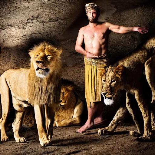 Image similar to dramatic film still of 3 5 year old man in ancient canaanite clothing surrounded by ferocious lions. cave interior background. directed by michael bay