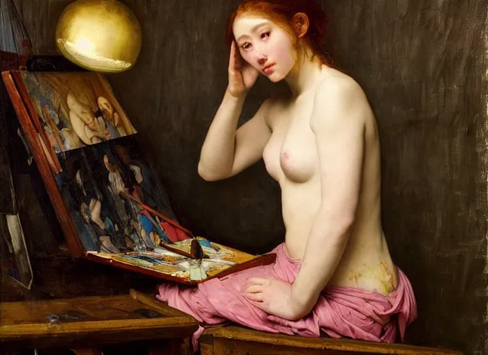 Image similar to a painter in his studio painting a picture of belle delphine by edgar maxence and caravaggio and michael whelan and delacroix style, artistic, intricate drawing, cinematic lighting, hyper realistic, extremely detailed, establishing shot, 8 k resolution, dramatic lighting